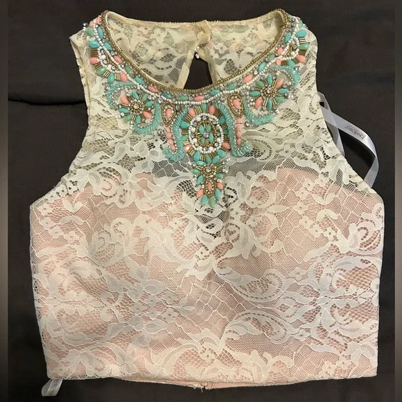 TONY BOWLS TB11670 IVORY | size 4 | two piece beaded lace white prom dress - Picture 9 of 15